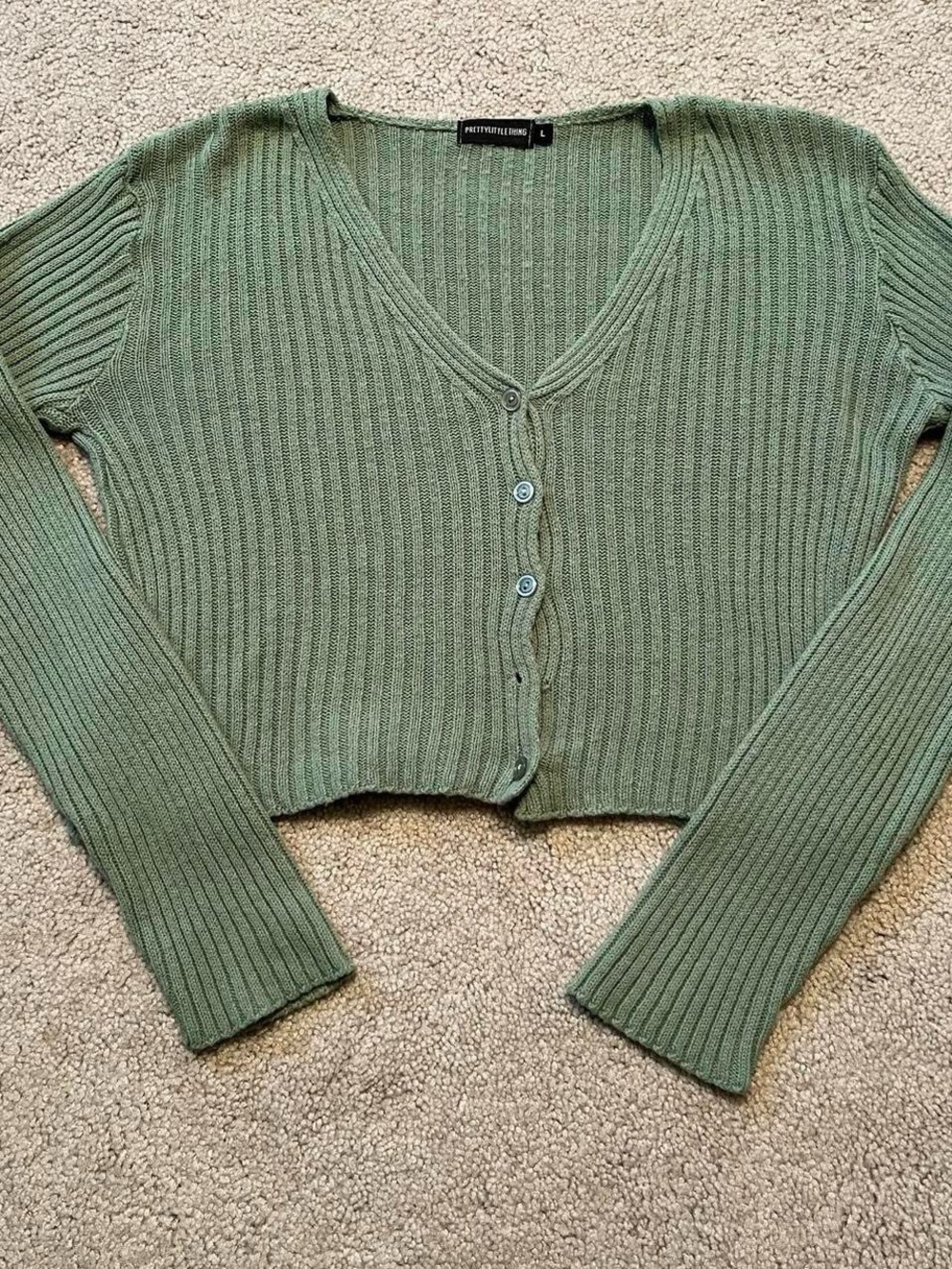 PrettyLittleThing Sage Green Ribbed V-Neck Cropped Cardigan